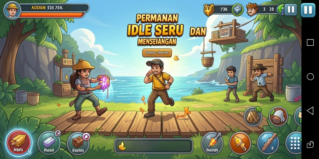 Tampilan gameplay 73K menunjukkan karakter yang bekerja dengan otomatis.