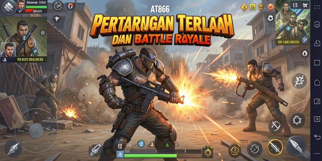 Tangkapan layar utama AT866 menampilkan aksi seru dalam pertempuran Battle Royale.