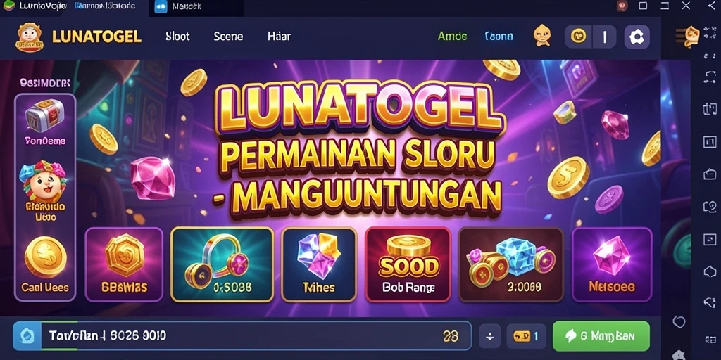 Tampilan gameplay LUNATOGEL dengan gulungan penuh warna dan simbol menarik.