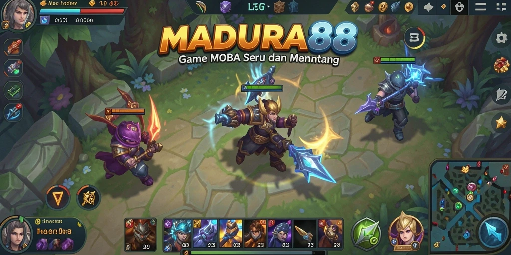 Tampilan gameplay seru dalam MADURA88 dengan aksi pertarungan MOBA.
