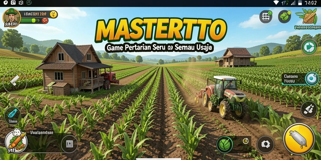 Tampilan gameplay MASTERTOTO dengan ladang subur dan aktivitas bertani.