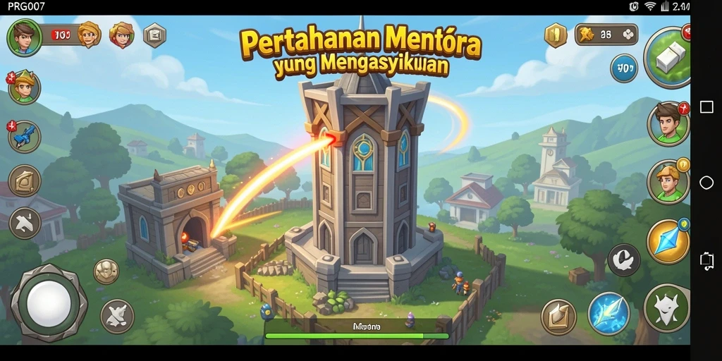 Screenshot gameplay PRG007 menampilkan aksi menara pertahanan yang intens.