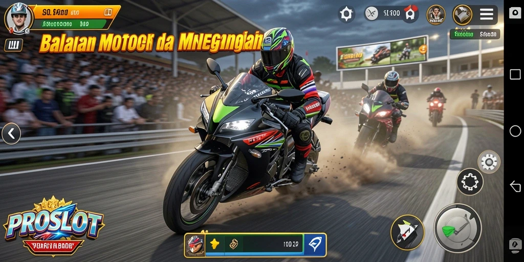 Tampilan gameplay PROSLOT dengan balapan motor yang mendebarkan.