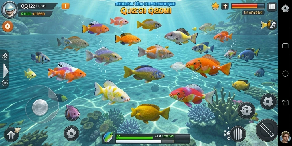 Tampilan gameplay seru dari QQ1221 dengan berbagai ikan yang bisa ditembak.
