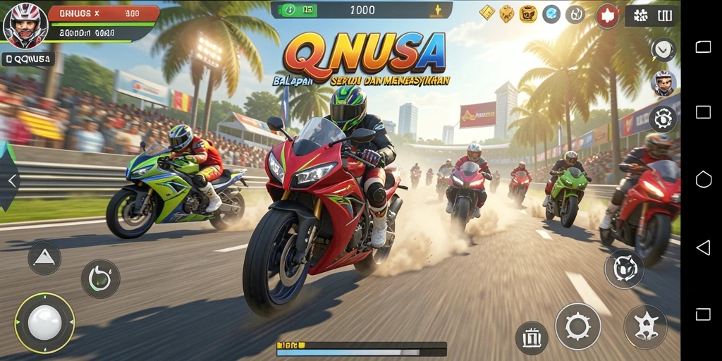 Screenshot gameplay QQNUSA menampilkan balapan motor yang mendebarkan.