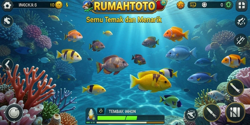 Screenshot RUMAHTOTO menampilkan aksi seru saat menembak ikan.