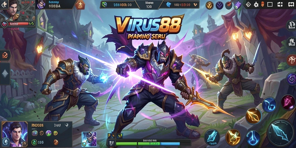 Screenshot utama VIRUS88 menampilkan aksi seru dalam pertarungan MOBA.
