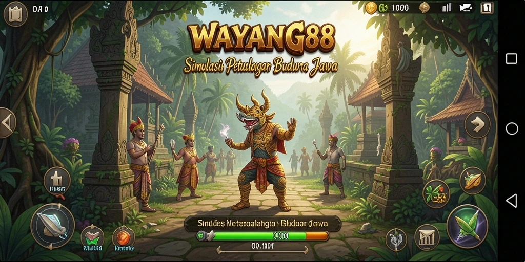 Tangkapan layar dari gameplay WAYANG88 yang menampilkan pertunjukan wayang interaktif.